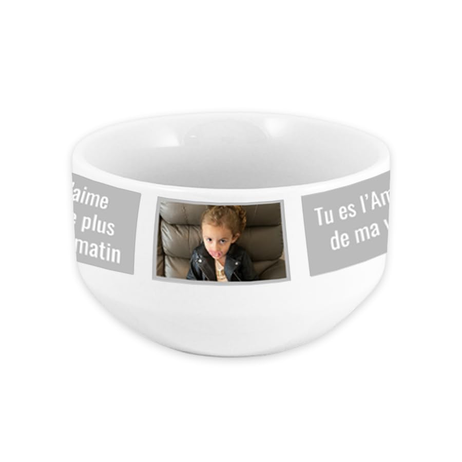 Bol personnalisable avec 3 photos et 2 messages – Céramique 720 mL – Cadeau personnalisé original – Compatible lave-vaisselle et micro-ondes