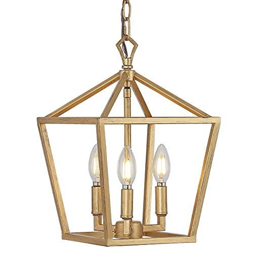 JONATHAN Y 10' Brass Gold 3-Light Pagoda LED Pendant Lantern, Classic Modern Farmhouse Chandelier...