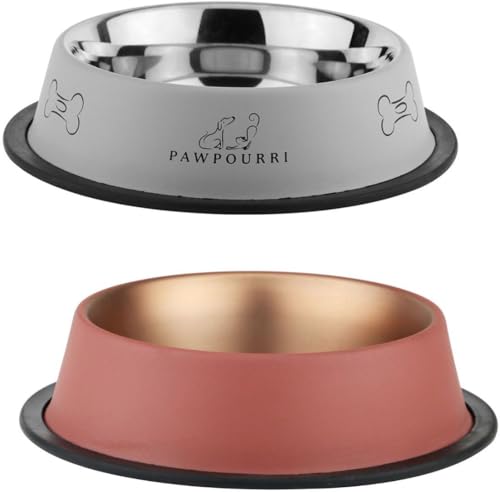 Image of Combo of Anti-Skid Feeding Bowls for Dogs, Cats & Puppy Pet Bowl Pack 2 Stainless Steel Pet Bowl (700 ml Each, Grey & Rust Pink)