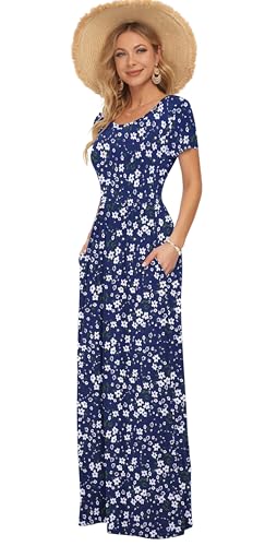 Image of AUSELILY Women's Summer Short Sleeve Loose Plain Casual Long Maxi Dresses | Year Round wear solid floral print, Casual wear, Empire waist, Floor length, Side pockets