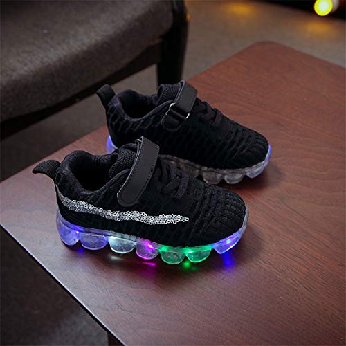 15 Months-5 Years Children Kid Baby Girls Boys Flying Weaving Mesh Breathable Bling Led Luminous Non-Slip Sneakers Light Comfortable Run Sport Shoes (Black, 2-2.5Years) #TOP3