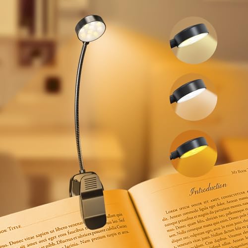 KTEBO® 10 LED Rechargeable Book Light for Reading in Bed - Eye Caring 3 Color Temperatures, 3 Adjustable Brightness, Long Runtime Small Lightweight Clip On Book Reading Light for Studying