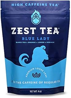 Zest 150mg High Caffeine Energy Loose Leaf Blend - Blue Lady Black Tea - 4 Oz - Hot or Iced - All Natural Strong Flavored Healthy Coffee Alternative Highly Caffeinated Substitute - Perfect for Keto
