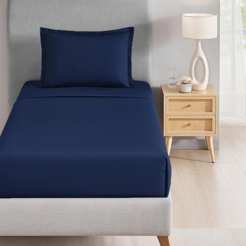 Image of myTrident Bedsheet for Single Bed Cotton| 210 TC | 60 inch x 90 inch | Iron Blue | 210 TC, 100% Cotton Flatsheet with 1 Pillow Cover, Super Soft and Breathable, Satin Stripe, Classic Style Me Solid Collection