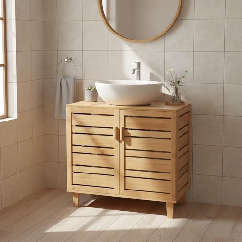 MinteLiv Meuble sous-lavabo 66 cm de large – Meuble de salle de bain en bambou, meuble sous-lavabo naturel avec étagère, meuble sous-vasque pour de...