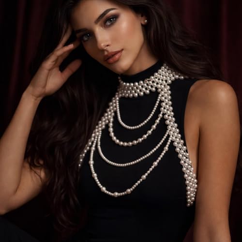 Collar de hombro con perlas de imitación texturizadas y cadena de cintura ajustable 7