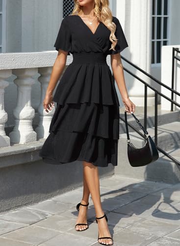 Ruffle Sleeve Wrap V Neck Midi Dresses for Women Causal Summer Smocked Waist Tiered Layered Glitter Chiffon Dress3
