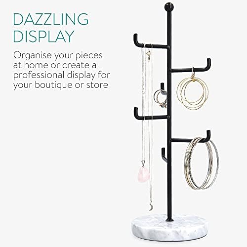 Navaris Metal Jewellery Tree Stand - 6 Tier Organiser with Marble Base - Hanger Display Holder to Store Necklaces Bracelets Rings Accessories - Black
