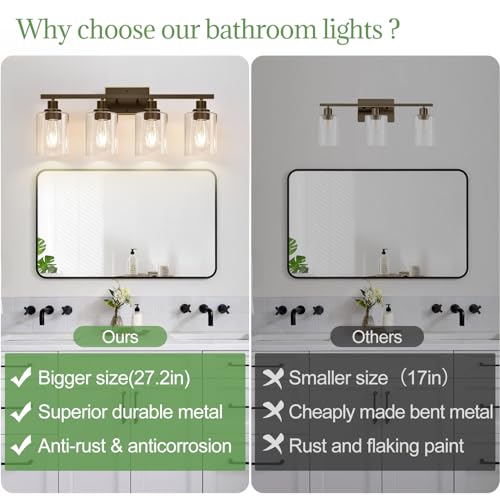 Image of MOKATNG 4-Light Bathroom Light Fixtures, Vanity Light with Clear Glass Shades, Oil-Rubbed Bronze Bathroom Light Fixtures Over Mirror, Modern Bathroom Wall Lamp for Mirror Living Room Cabinet Bedroom