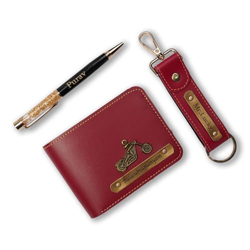 Image of Customised Leather Original Wallet with Pen, Keychain Gifting Hamper Set for Men with Name Plate, Personalized Purse Combo, Unique Stylish Gift for Husband, Birthday, Valentine's Day- Red