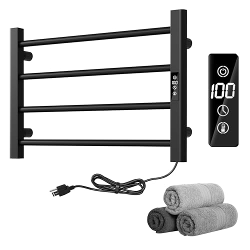 LINKLIFE Heated Towel Warmer Rack for Bathroom, Waterproof Electric Towel Warmer Racks Wall Mounted with 4 Bars, Built-in Timer and LED Display Screen, Matte Black