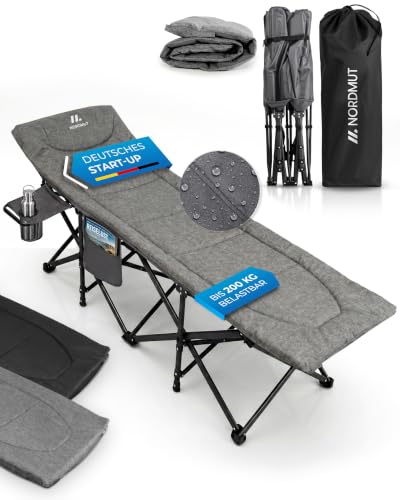 NORDMUT Feldbett klappbar mit komfortabler Matratze - stabiles Campingbett bis 200 kg belastbar - Premium Gästebett faltbar für Camping Garten & Gäste (Aschgrau mit Auflage)