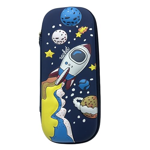 Image of 3D Pencil Case for Kids, Waterproof Pencil Box with Compartments Pen Pouch (Dark blue rocket)