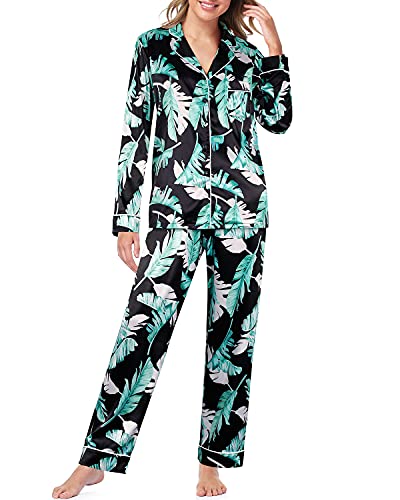 Pajamas Set for Women Long Sleeve Loungewear Two-Piece Pj Set Button Down Nightwear Satin Nursing Pajamas Girl Ladies Palm Leaf Leaves Lingerie Notch Collar Chest Pocket Comfortable Soft Sleepwear