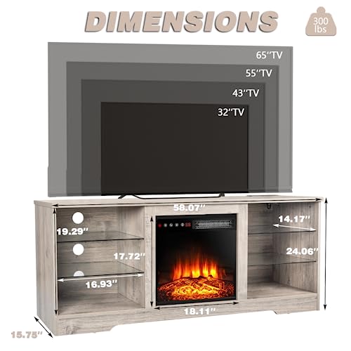 Lemberi 58 Inches Fireplace Tv Stand For Tvs Up To 65 Inches Console With 18'' Electric Fireplace ＆ Remote, Wooden Modern Entertainment Center For Living Room With Led Light Glass Shelves (Grey) #TOP6