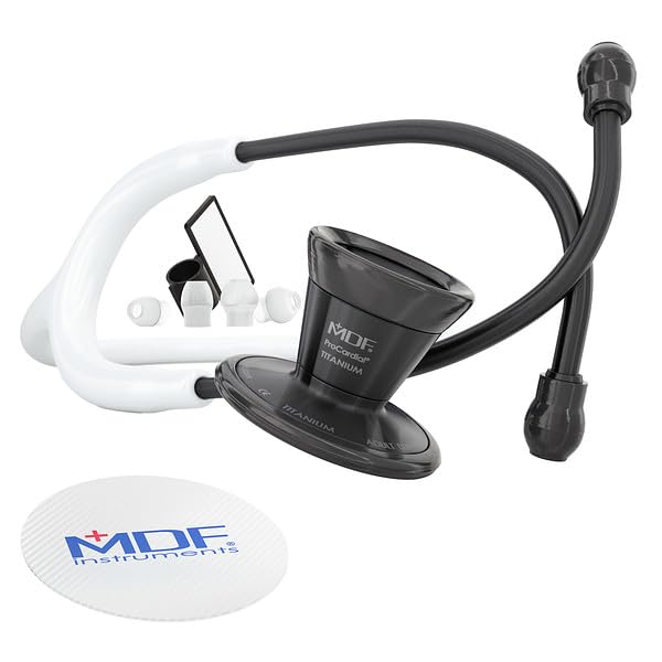 Image of MDF Instruments, ProCardial Cardiology Stethoscope, Lightweight Titanium, Adult, Dual Head, White Tube, Black Chestpiece-Headset, MDF797TBO29
