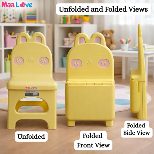 Image of Plastic Foldable Chair for Kids | School Study Chair for Indoor or Outdoor Use for Toddler Kids | Strong & Stable, Safe Rounded Edges | Capacity Up to 40 Kg (Rabbit Yellow)
