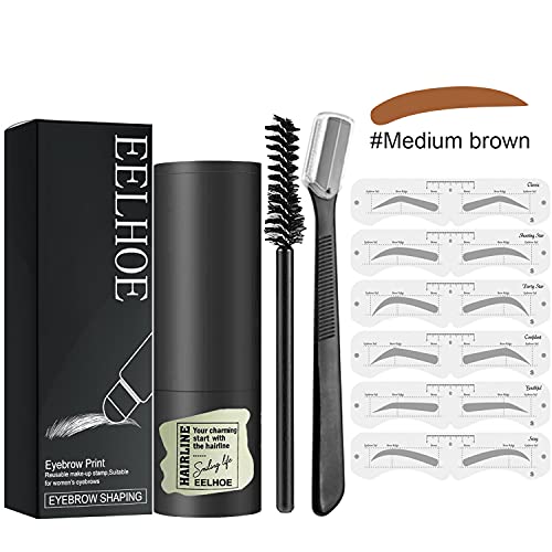 Eyebrow Stamp Waterproof, Brow Stamp Shaping Kit Eyebrow Definer, with 24 Reusable Eyebrow Stencils, Hairline Shadow Powder Stick (Medium brown)
