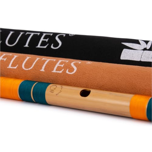 Image of Radhe Flutes Bamboo Bansuri C Sharp Right Handed Middle Octave (18 inch) With Hard Cover (Beige Flute With Dark Green & Orange Threads)
