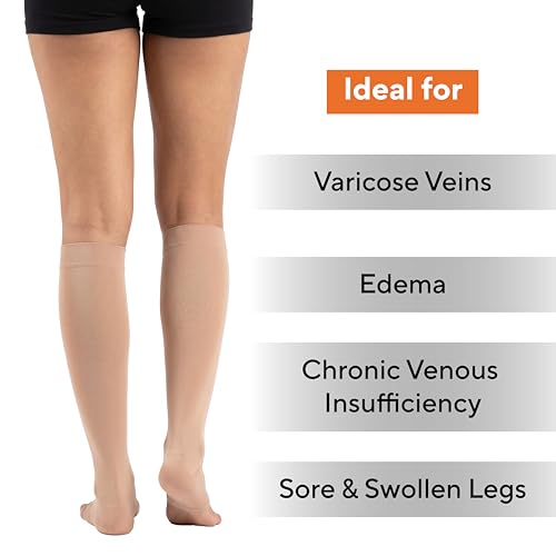 Image of FOVERA Varicose Vein Compression Stockings - Medical Grade Class 2 (23-32 mmHg) Seamless Open Toe Sleeves for DVT, Leg Swelling, Edema, Pain Relief, Unisex Men & Women