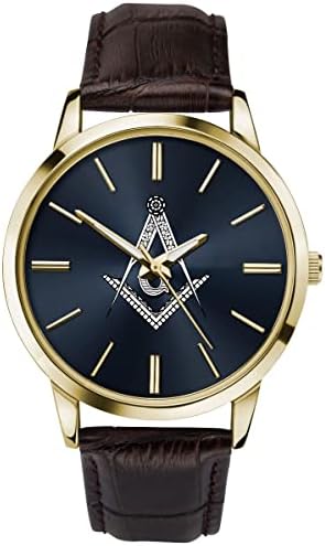 Sekonda Men's Masonic Analogue Quartz Watch with Gold Case Blue Dial and Brown Leather Strap 90095