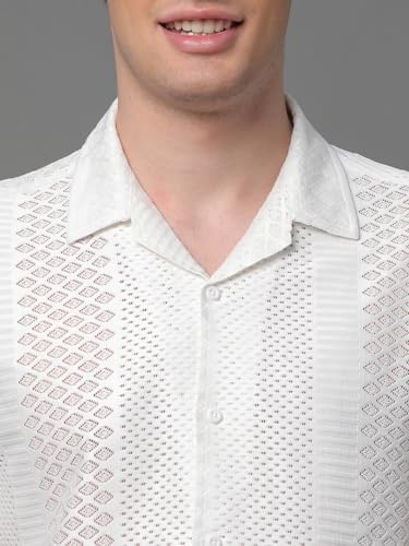 Image of Voroxy Poly Cotton Casual Loose Fit Shirts for Men with Stylish Structural Pattern Office & Formal Shirt with Branded Cuban Collar Style Half Sleeves Comfortable Wear