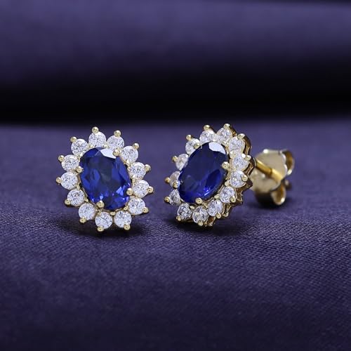 Blue Sapphire Oval Halo Stud Earrings – Simulated Gemstone with Cubic Zirconia, 14K Gold Plated 925 Sterling Silver, Elegant Jewelry for Women, Everyday or Special Occasions4
