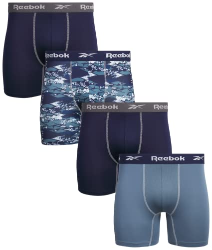 Reebok Men's Boxer Briefs – 4 Pack Quick Dry Moisture Wicking Performance Mens Underwear - Stretchy Soft Boxers for Men S-XL, Size X-Large, Navy/Blue/Print