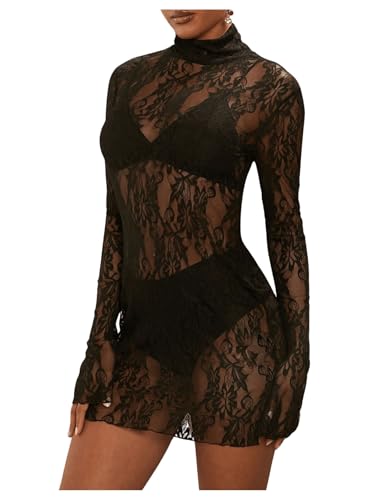 Image of BEAUDRM Women's Lace Mini Dress See Through Sheer Mesh Lingerie Dress Mock Neck Bodycon Dresses Party Outfits Clubwear
