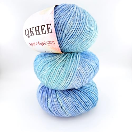 QKHEE グラデーション毛糸 段染 並太 コットン混紡 ふわふわ編み糸 3玉セット 1玉約100g約220m かぎ針編み 編み物 編み糸 マフラー 帽子用糸 (Sea Blue)