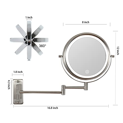 Erlingeryi Led Wall Mounted Lighted Makeup Mirror 10X Magnifying Mirror Double Sided With 3 Color Lights, Touch Screen Dimming, Extension Bathroom Vanity Mirror 8 Inch (Brush Nickel, 10X) #TOP1