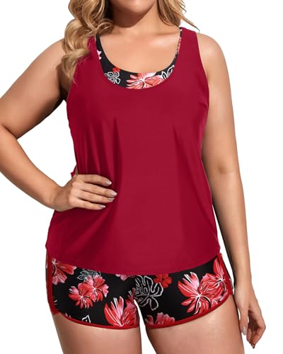 Image of Holipick Women Plus Size Swimsuits - Athletic 3 Piece Tankini with Shorts