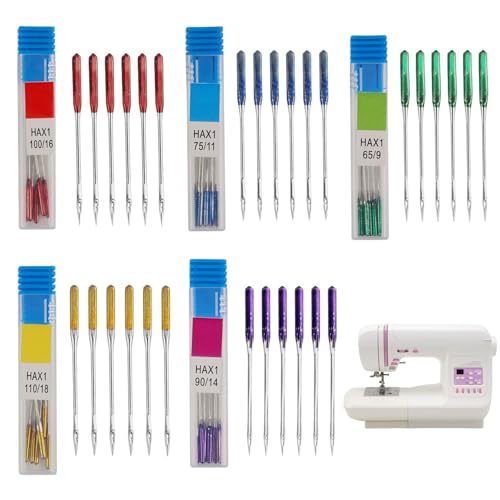 30 Pcs Sewing Machine Needles Universal Regular Point 5 Sizes Color-Coded (65/9110/18) Compatible with Singer Brother & Most Machines Essential for All Fabrics & Home Sewing Projects