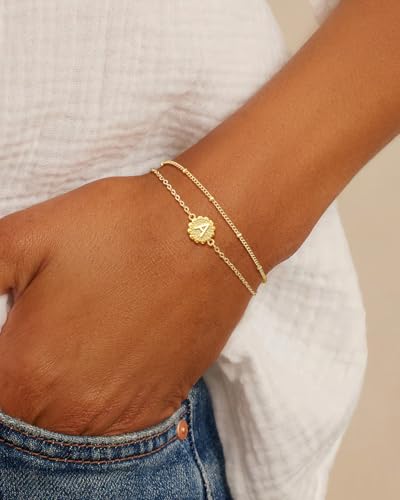 BBV Gold Initial Bracelets for Women 14K Gold Plated Dainty O Chain satellite Chain initial Bracelet for Women Trendy Gold Stackable Cuff Bracelets Jewelry Gifts for Women Adjustable 7"+2"4