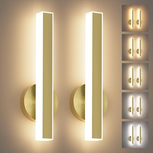 Image of Aipsun Gold Wall Sconce Hardwired Modern LED 18W Wall Sconce Set of Two, 15.7Inches Wall Lights for Living Room Bedroom Hallway, 5CCT