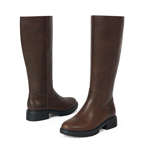 Knee High Boots for Women Round Toe Women's Fashion Tall Riding Boots Chunky Platform Long Flat Boot with Side Zipper Low Heel Block Fall Boot 6