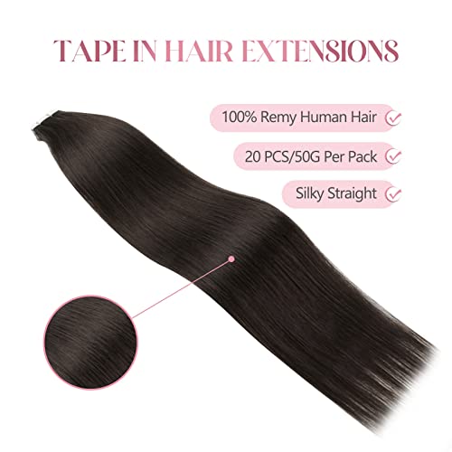 Image of Sixstarhair Off Black Tape In Hair Extensions Black Brown Hair Extensions For Women Seamless Tape In Extensions Remy Human Hair 20 Pieces 50g per Pack [Color 1B 16inch]