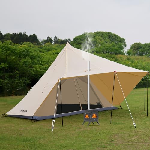 6-8 Person Glamping Tent with Stove Jack – Premium Canvas Shelter, Spacious Cotton Fabric with Removable Foyer – for Car Camping & Cozy Family Escapes