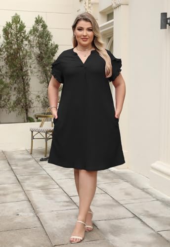 Celkuser Plus Size Summer Casual Dresses for Women V Neck Ruffle Cap Short Sleeve Flowy Midi Dress with Pocket4