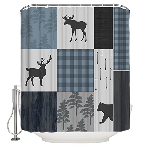 TAOGAN Retro Buffalo Check Shower Curtain, Forest Bear Deer Polyester Fabric Bath Curtains with Hooks Holiday Winter Gifts for Bathroom Showers and Bathtubs Home Decorations, 54x78inch