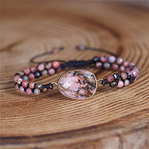 Bracelet macramé perle pierre naturelle rose noire avec breloque