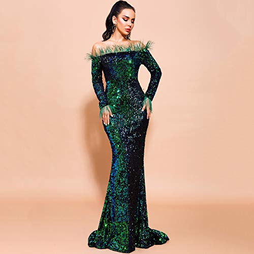 Lin Lin Q Sexy Off Shoulder Feather Long Sleeve Sequin Floor Length Evening Maxi Dress Green #TOP1