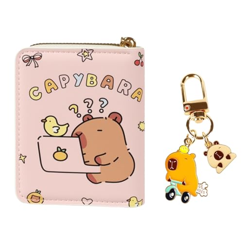 Small Cute Pink Capybara Wallet for Women, Short PU Leather Zipper Cute Coin Purse,Animal Print Money Organizer with Zipper Pocket, Lightweight Coin Purse,Ideal Accessory & Birthday Gifts,2Pce