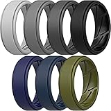 ThunderFit Silicone Wedding Rings for Men Breathable Airflow Inner Grooves, Step Edge Sleek Design Rubber Engagement Bands 8mm Wide 2mm Thick, Variety Multipack 1-7