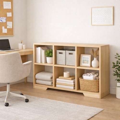 Image of 6 Cube Storage Organizer Wooden Bookshelf, Cube Shelf Bookcase, Small Bookshelf Storage Organizer, Narrow Cube Storage Shelf for Bedroom, Small Bookshelf for Living Room and Office (Natural, 6 Cube)
