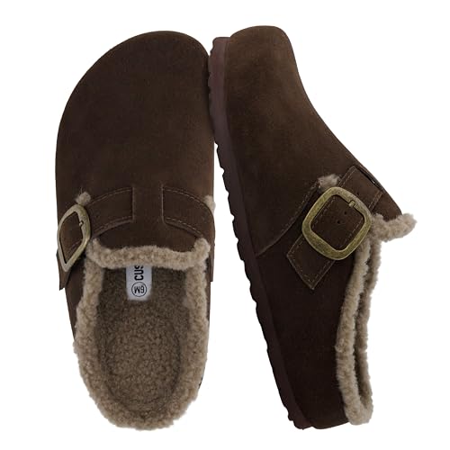 Top 10 Best House Shoes for Achilles Tendonitis Reviewed 12 CUSHIONAIRE Haven Genuine Leather Clogs for Women – Faux Fur Lined Slip-On Womens Shoes with Cork Footbed and Adjustable Buckle, Brown 9W