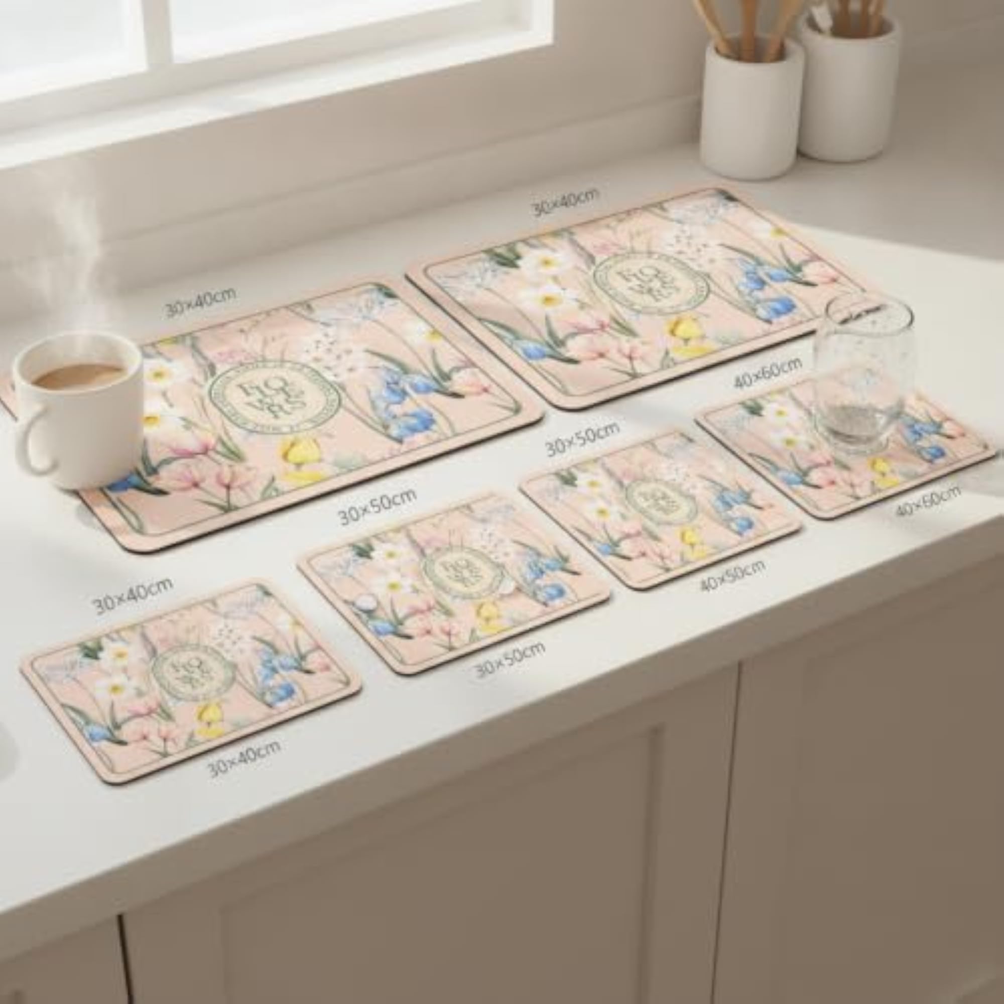 Retro Floral Diatomite Drying Mat for Kitchen Counter, Absorbent Quick-Dry