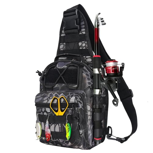 YIYIREA Fishing Backpack Small Fishing Tackle Storage Bag with 3 Methods of Carrying Large Capacity Sling Backpack for Outdoor Hiking Travel Hunting (Pythonskin Black)