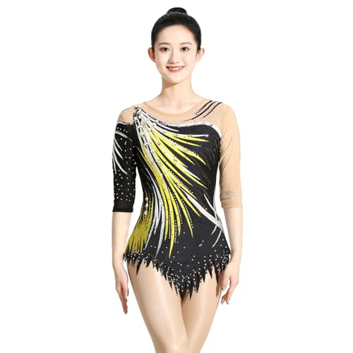 Zagitova Rhythmic Gymnastics Leotard for Girls Rhinestones Patchwork Women Breathable Gymnastics Competition Dance Outfit(Large)