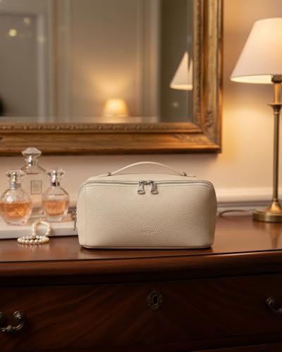 Image of EACHY Travel Makeup Bag, Lychee Leather Large Capacity Cosmetic Bag for Women, Open Flat Toiletry Bag with TPU Brush Compartment, Waterproof Skincare Organizer Travel Essentials